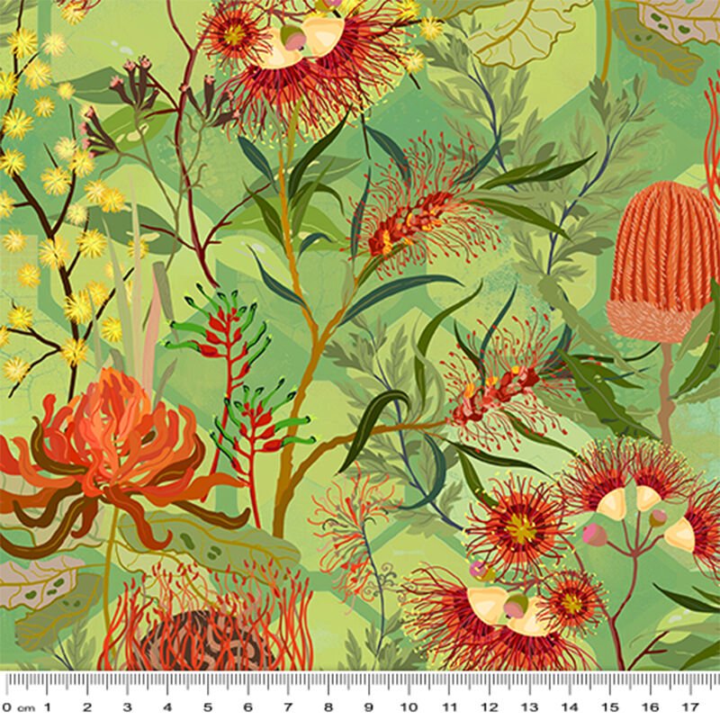 Honeycomb Harmony - Australian Wildflower GREEN - Everything Fabric