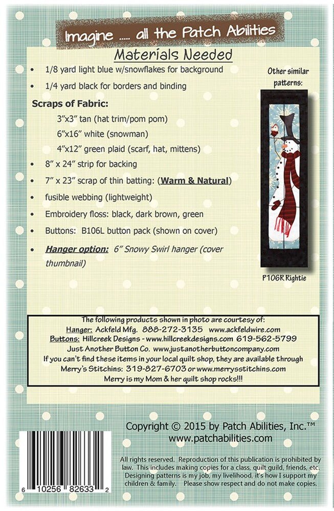 Leftie - Snowman Applique Wall Hanging - Everything Fabric