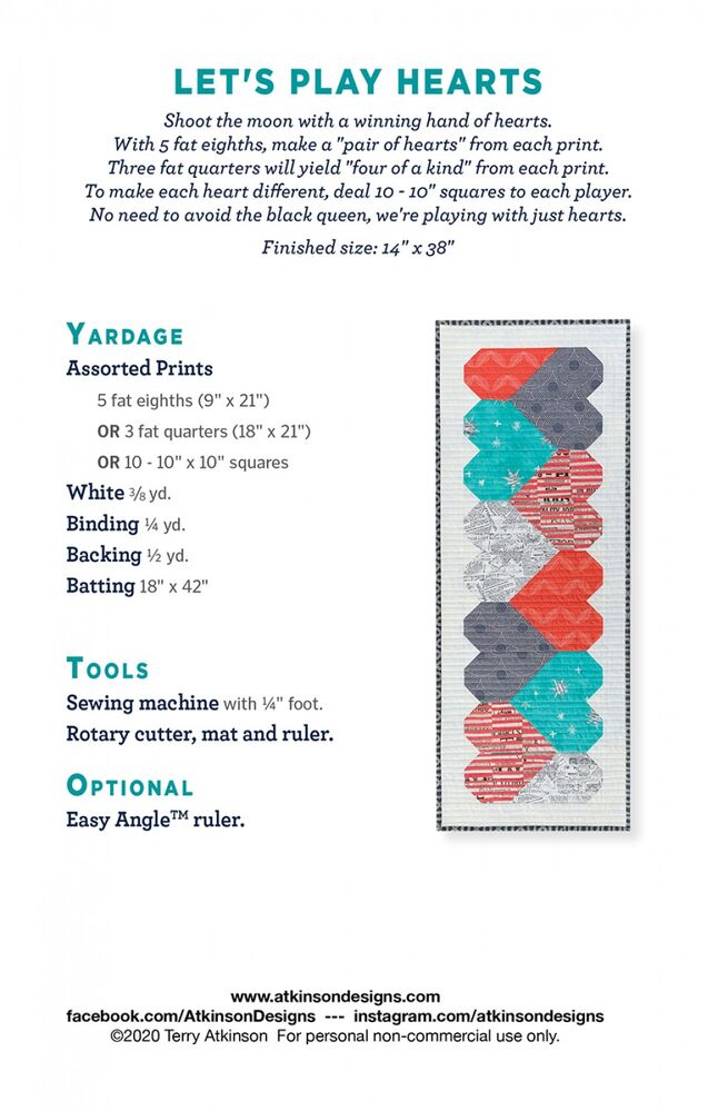 Lets Play Hearts Table Runner Pattern - Everything Fabric
