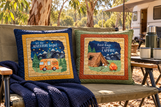 Project inspiration illustration: Live, Love, Camp cushion ideas in an Australian caravan setting. Fabric panel only; finished cushions and other supplies not included.