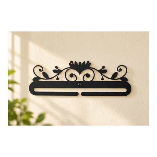 Black 12 inch Lotus quilt hanger displayed on a warm ivory wall
