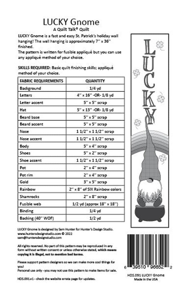 LUCKY Gnome Applique Pattern - Everything Fabric