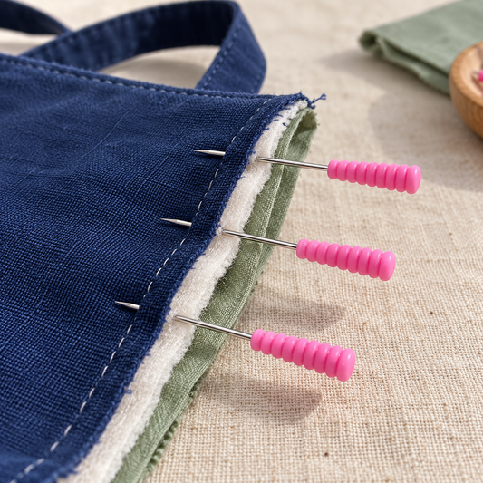 Illustrative use of Magic Pins extra long: long pink pins securing layered fabric.
