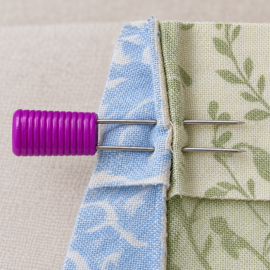 Illustrative use: a purple two-prong fork pin holding fabric in place.