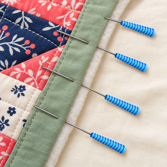 Illustrative use: blue quilting pins securing layered fabric beside a quilt edge. Check the listing for the supplied shaft size.
