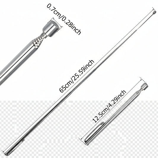 A silver metal telescopic stick shown on a white background with dimension callouts reading 65cm/25.59inch, 12.