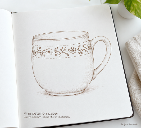 Project illustration for Pigma Micron Pen Brown .20 mm Size 005. Finished projects, fabric, patterns and other tools are not included.