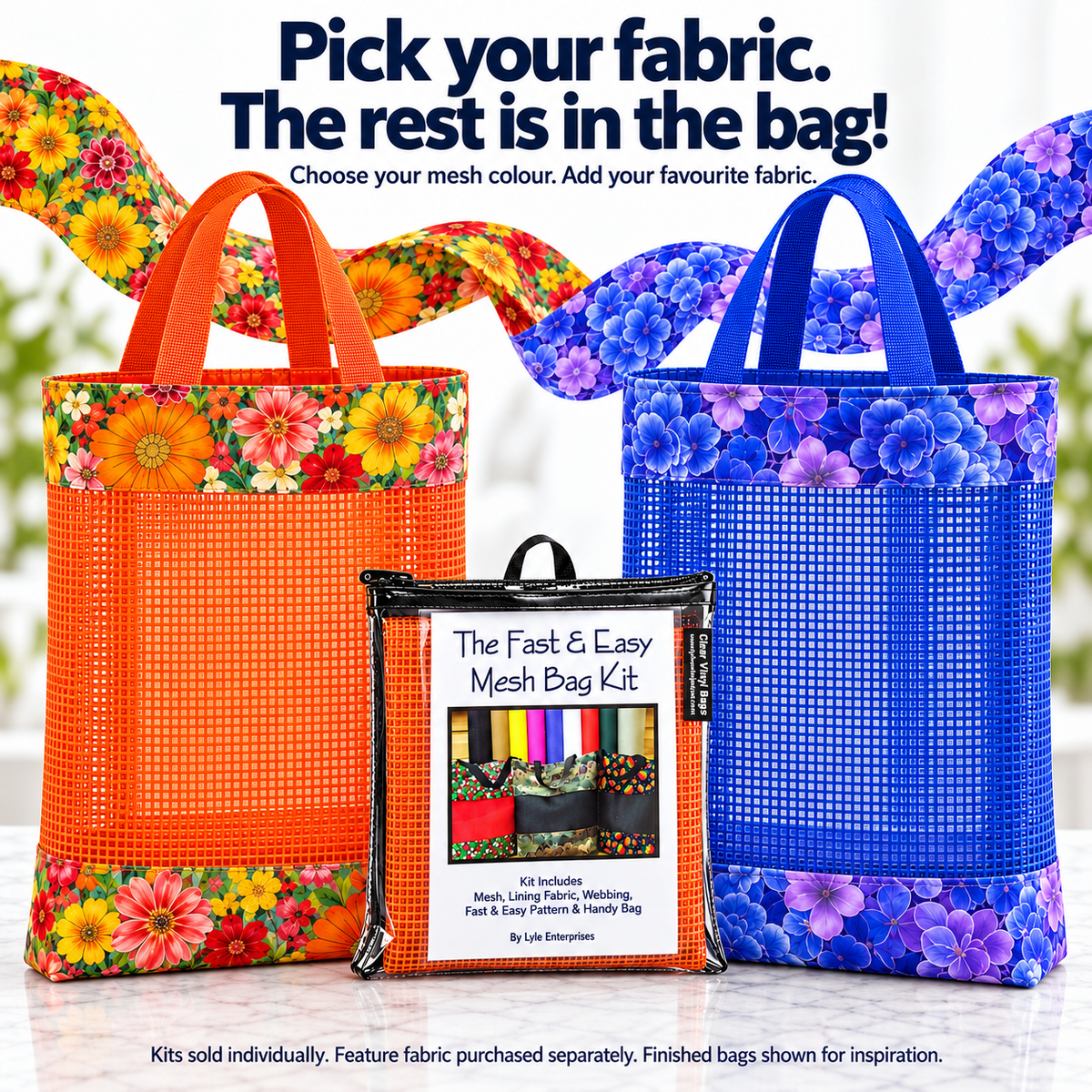 Fast and Easy Mesh Bag Kits in multiple colours, illustrated with tall orange and royal blue market bags using separately purchased Persimmon Flowers and Violet Hydrangea fabric