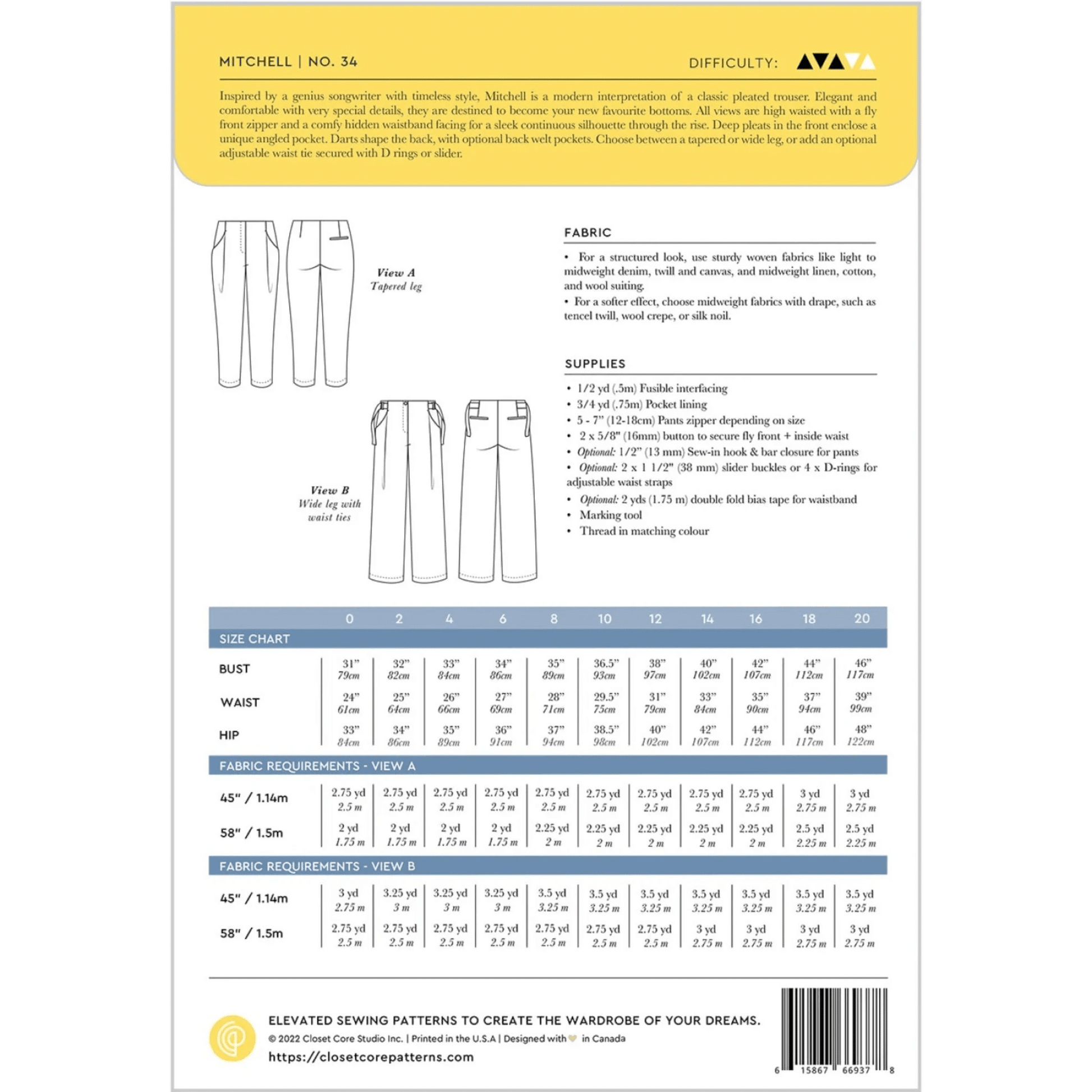 Mitchell Trousers Pattern sizes 0 - 20 - Everything Fabric