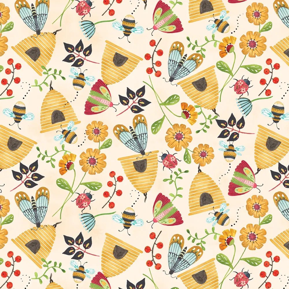 Nature's Symphony - Pale Yellow Beehives and Flowers - Everything Fabric