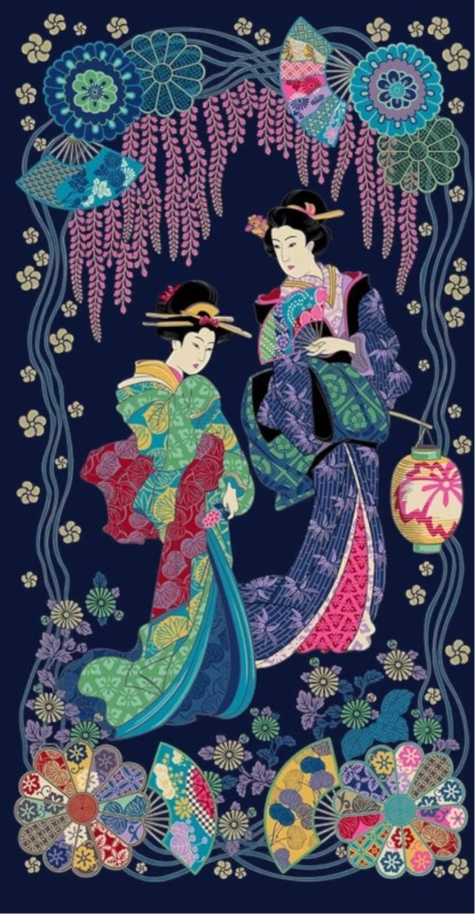 Kamakura Sisters - Navy Moonlit Kimono Panel -610 mm Repeat (metallic) for patchwork, quilting and sewing