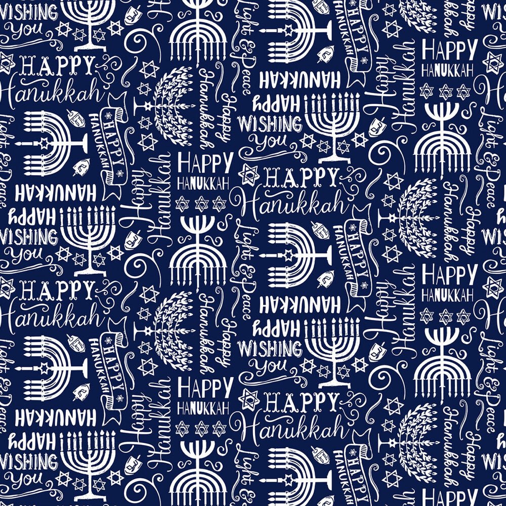 Navy Menorah & Happy Hanukkah Text Christmas - Everything Fabric