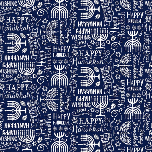 Navy Menorah & Happy Hanukkah Text Christmas - Everything Fabric