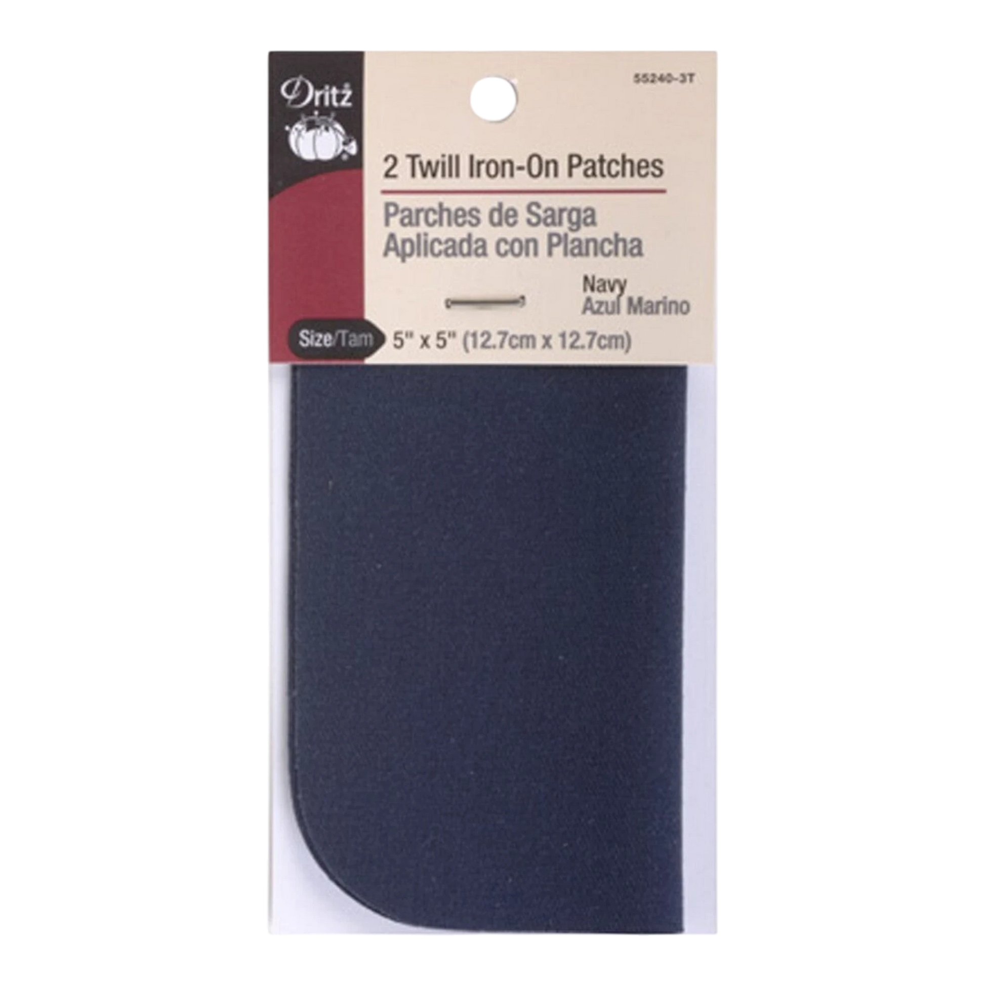 navy blue twill iron-on patches, 5" x 5", pack of 2. Ideal for mending and reinforcement.