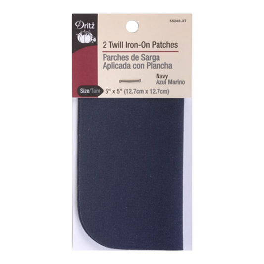 navy blue twill iron-on patches, 5" x 5", pack of 2. Ideal for mending and reinforcement.
