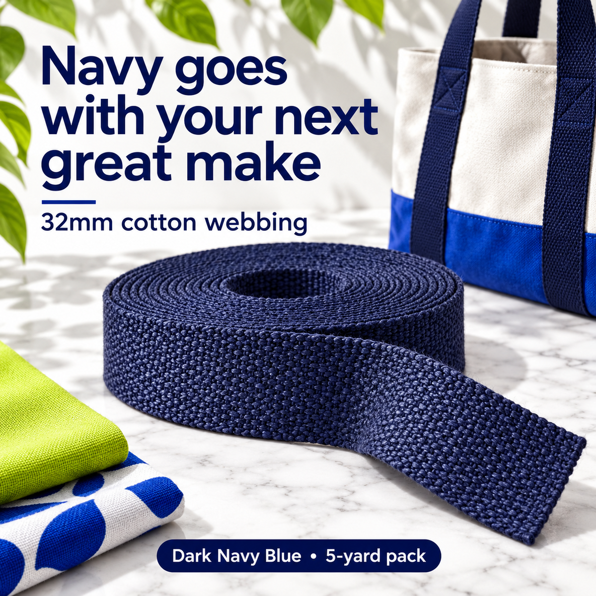 Dark Navy Blue 32mm woven webbing in a five-yard pack, with a contemporary bag-handle example.