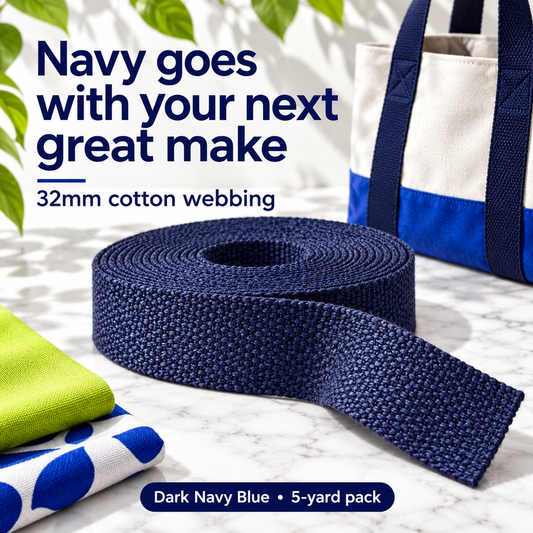 Dark Navy Blue 32mm woven webbing in a five-yard pack, with a contemporary bag-handle example.