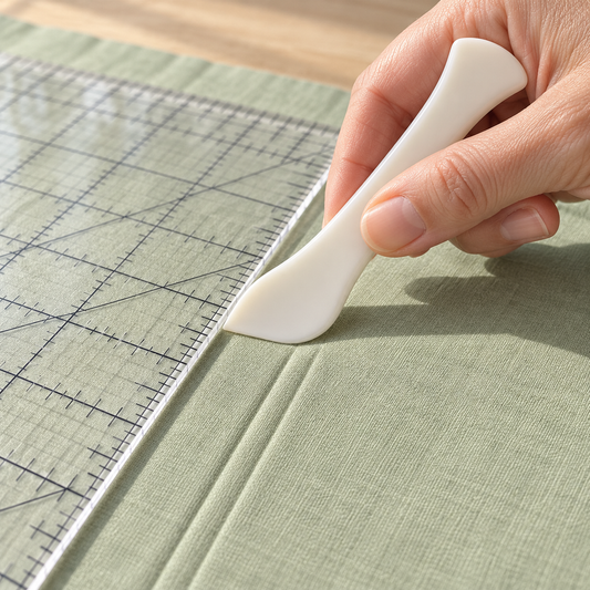 Illustrative use idea: Hera tool making a pressure crease beside a quilting ruler.