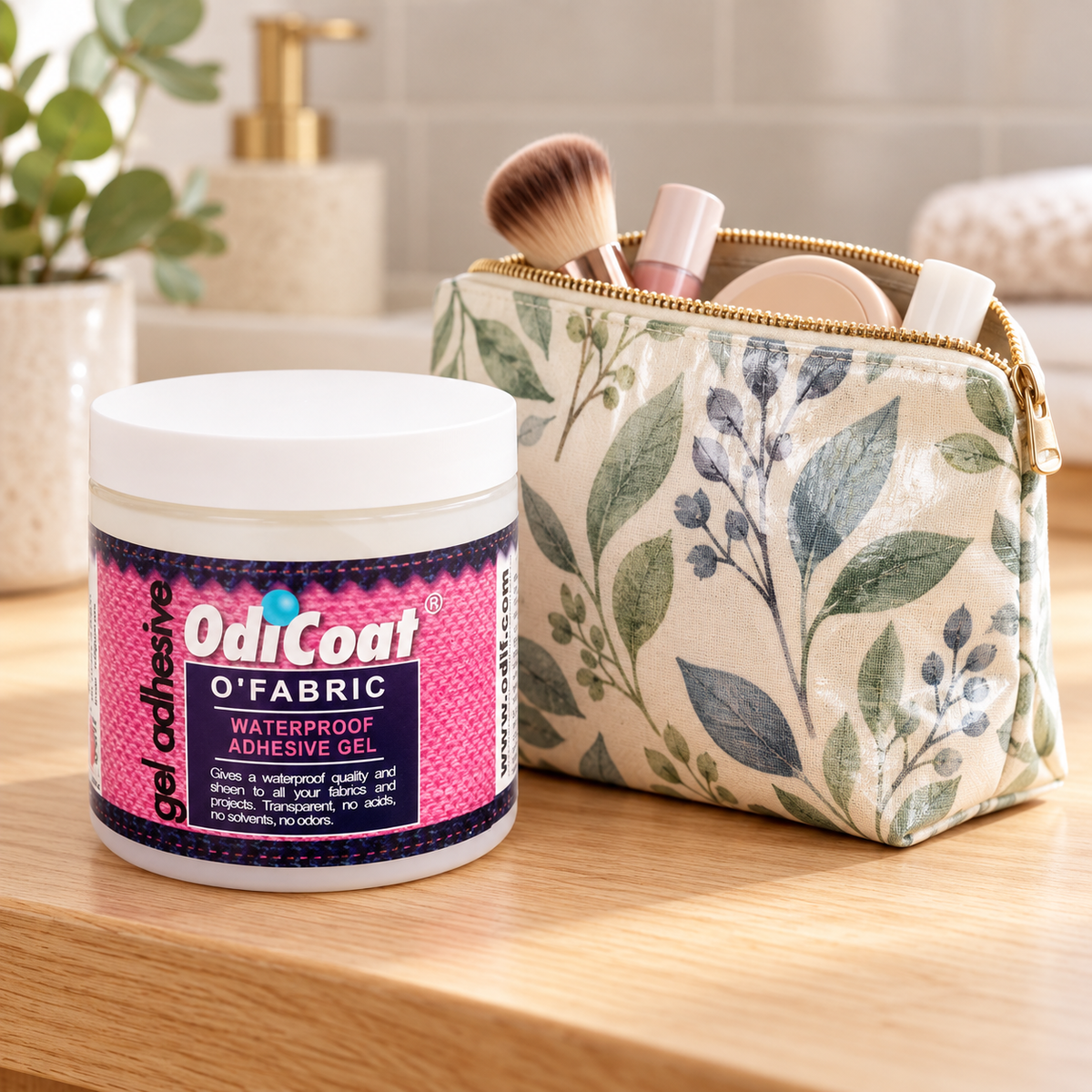 OdiCoat 250ml jar with an illustrative coated-fabric cosmetic bag