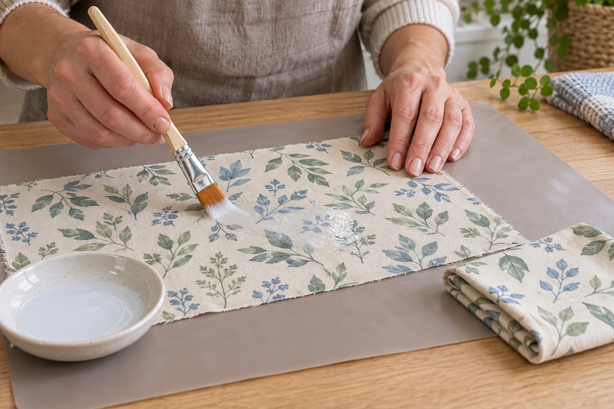 Illustrative application of a thin coat of OdiCoat to botanical fabric