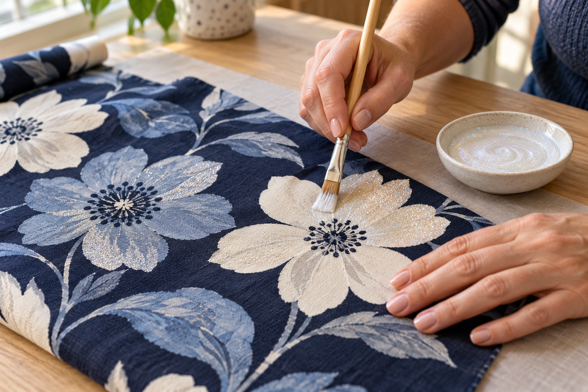 Illustrative application: brushing Opal glitter gel onto details in a floral fabric print