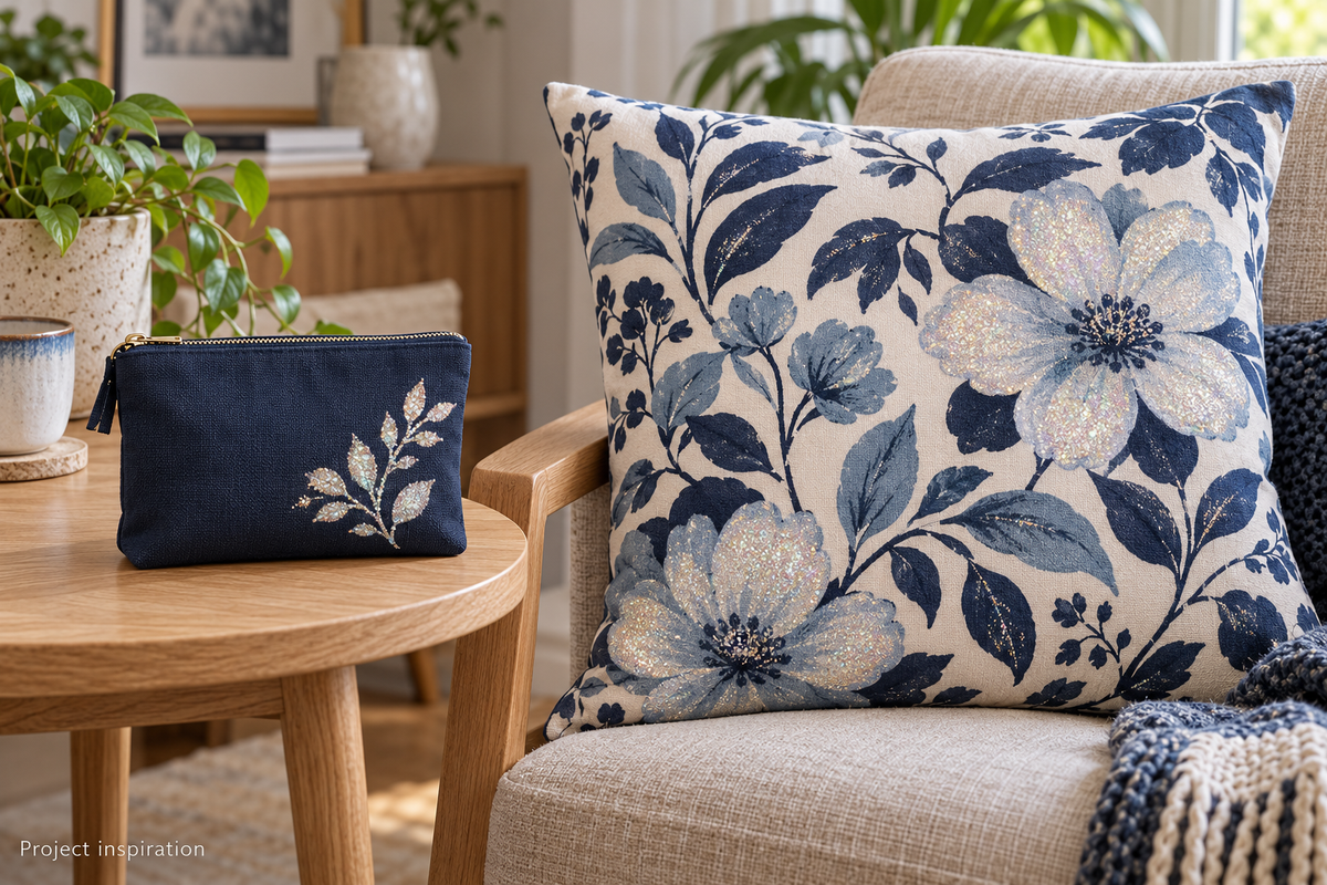 Illustrative Opal glitter gel project ideas: floral cushion and leaf pouch