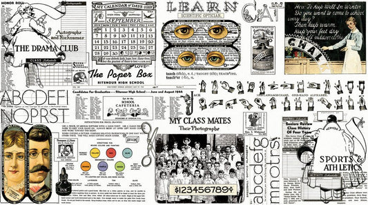 Old School School Paper Fabric in White - Everything Fabric