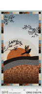 Origins crow fabric panel by P&B Textiles, with a black crow, sunset, leafy branches and earthy landscape