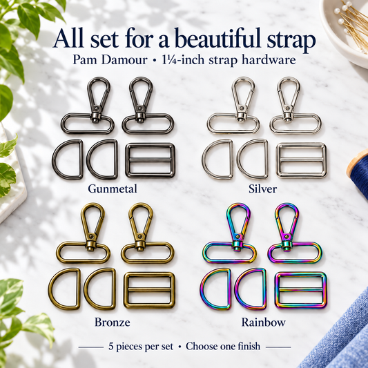 Pam Damour five-piece strap hardware set for 1¼-inch straps, in Gunmetal, Silver, Bronze and Rainbow. Each finish group contains two swivel hooks, two D-rings and one slider. Choose one finish.