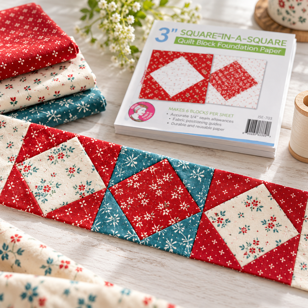 Illustrative project idea: Square in a Square Quilt Block Foundation Paper Pad. Styling materials not included.