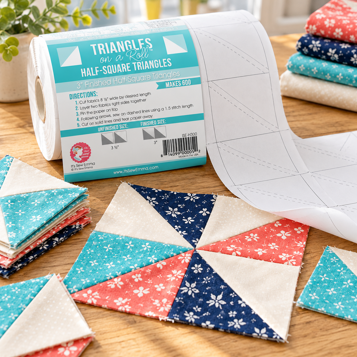 Illustrative project idea: Triangles on a Roll – Half-Square Triangle Paper, 50 ft. Styling materials not included.