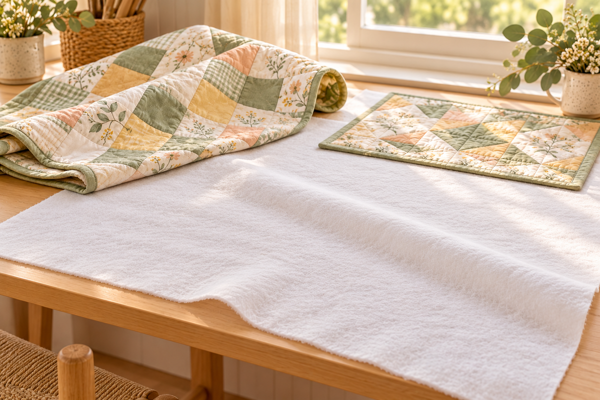 Styled project illustration: broad one-metre-wide white Parlan wadding with a lightweight quilt and thin table topper. Wadding sold separately by the metre.