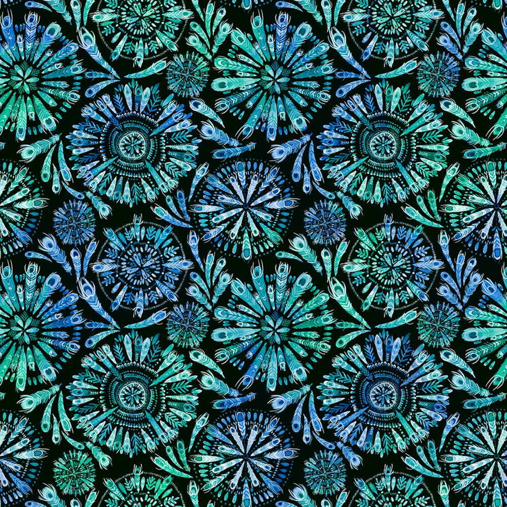 Peacock Serenade - Feather Mandalas Green/Blue - Everything Fabric