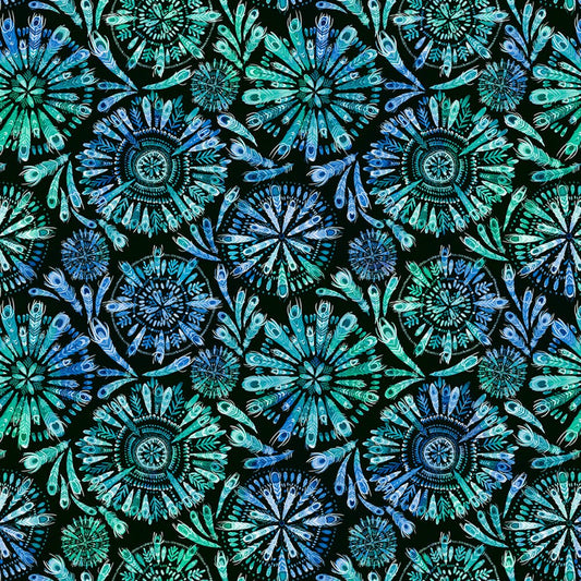 Peacock Serenade - Feather Mandalas Green/Blue - Everything Fabric