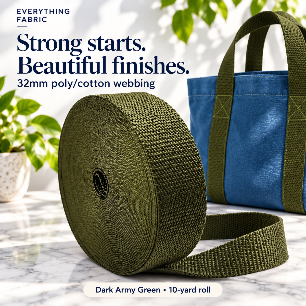 Dark Army Green 32mm poly/cotton belting, ten-yard roll, with a modern tote-handle project example.