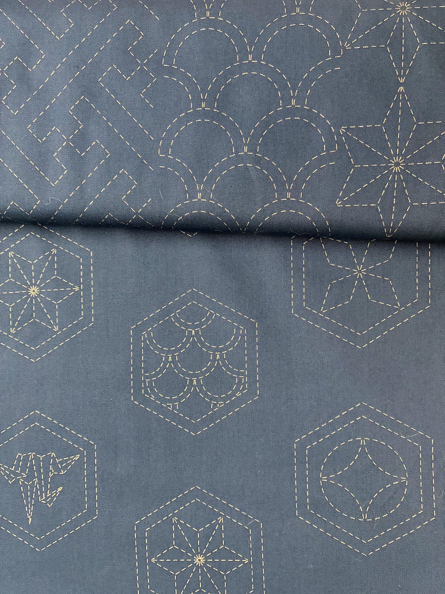 Pre-stencilled Sashiko Fabric Many Patterns Navy Blue - Everything Fabric