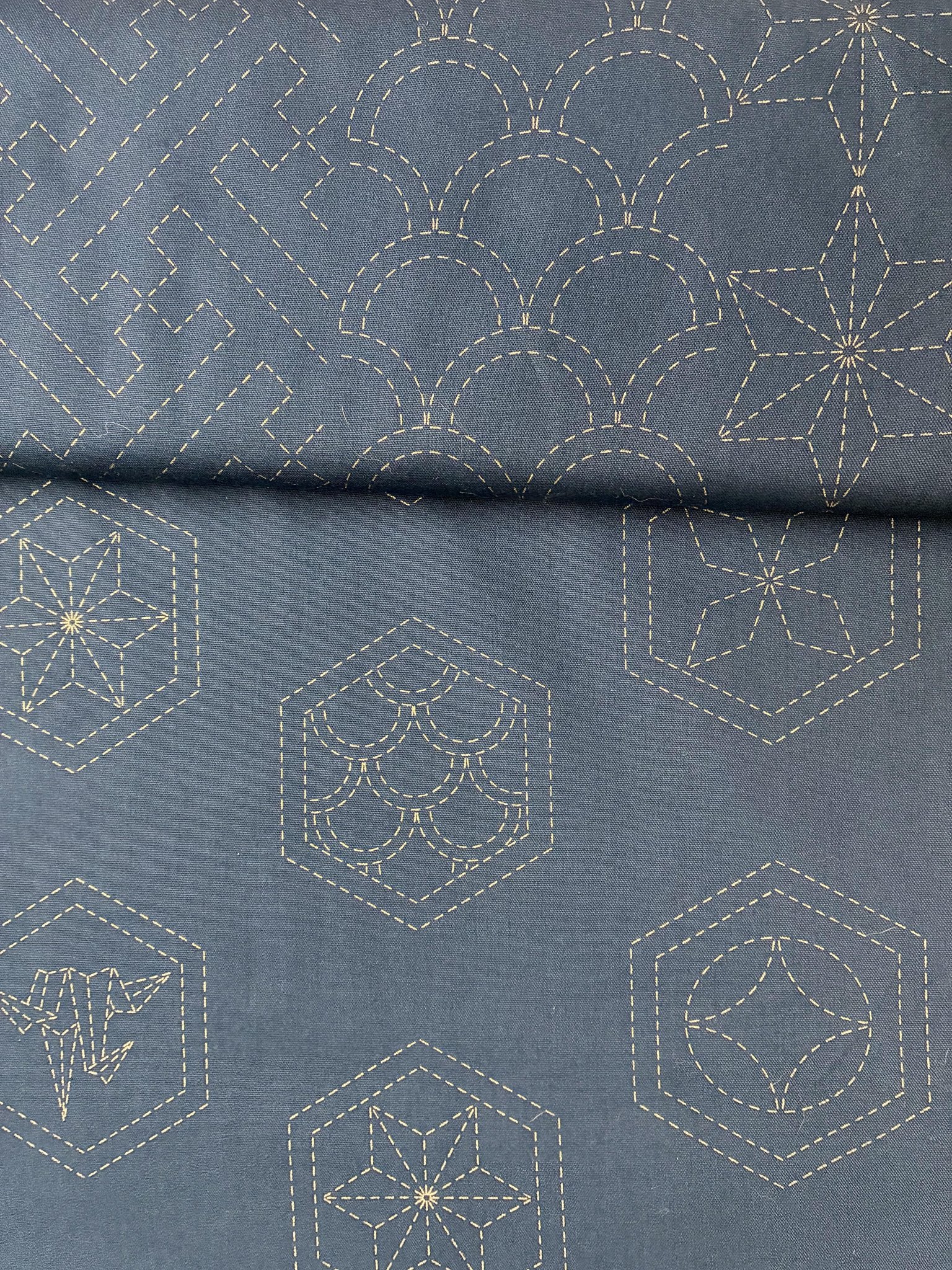 Pre-stencilled Sashiko Fabric Many Patterns Navy Blue - Everything Fabric