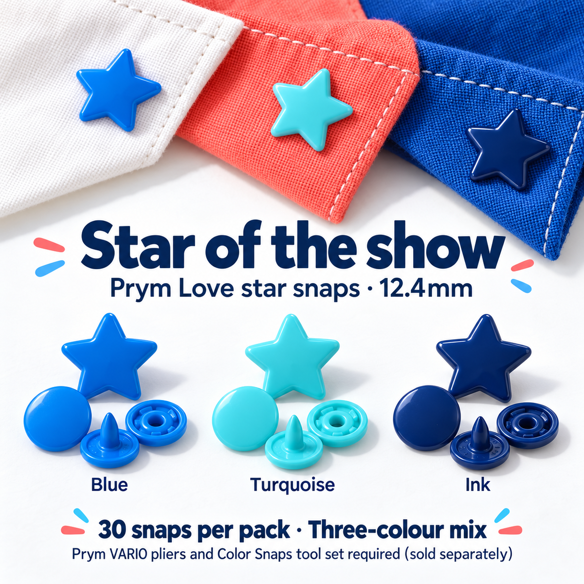 Prym Love 12.4mm star snaps in Blue, Turquoise and Ink. Thirty snaps per pack in a three-colour mix; Prym VARIO pliers and Color Snaps tool set required, sold separately.