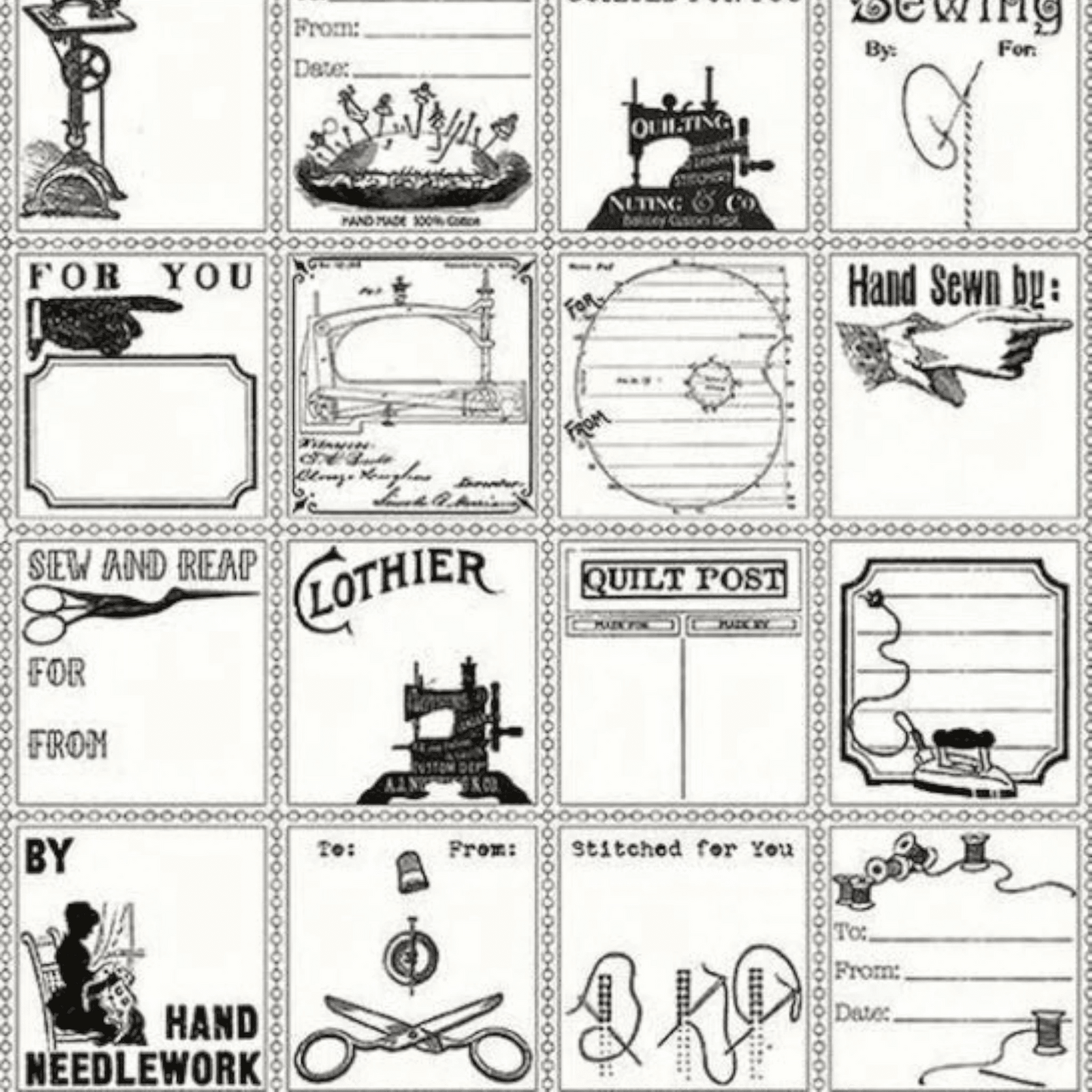 Quilt Labels Black Sewing Icons Panel - Everything Fabric