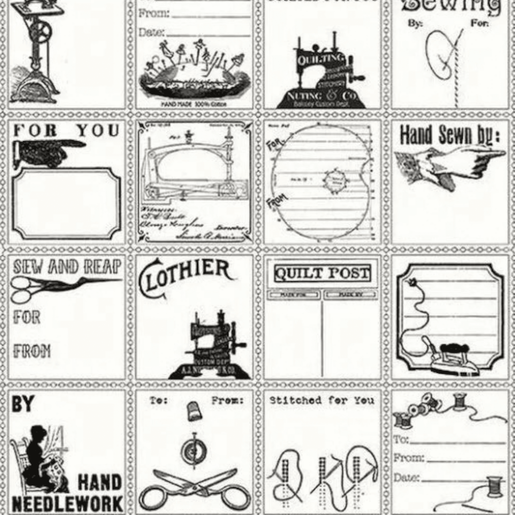 Quilt Labels Black Sewing Icons Panel - Everything Fabric