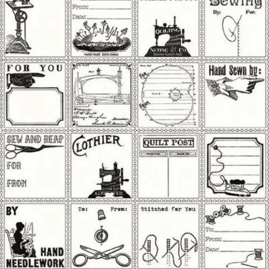 Quilt Labels Black Sewing Icons Panel - Everything Fabric