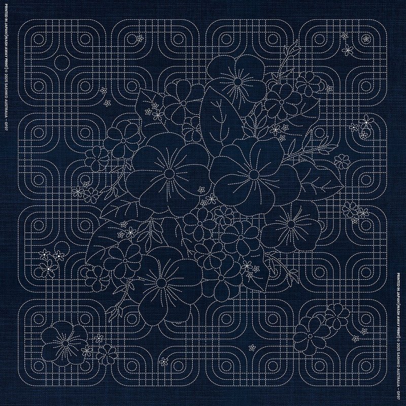 Sashiko Australia Blossom Bouquet Geometric - INDIGO - Everything Fabric