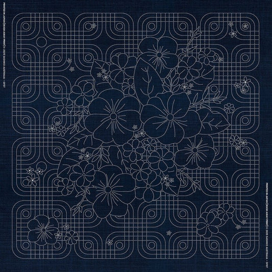 Sashiko Australia Blossom Bouquet Geometric - INDIGO - Everything Fabric