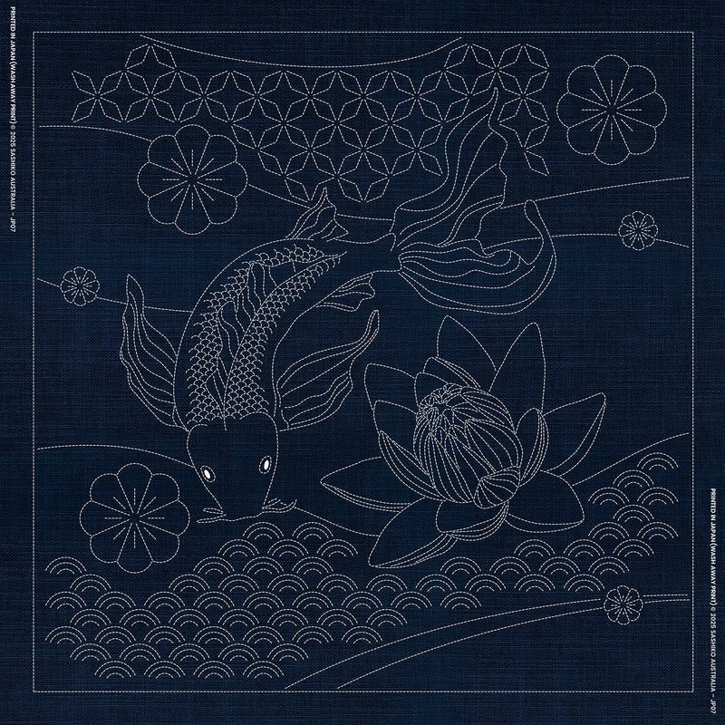 Sashiko Australia Butterfly Koi and Angled Seven Treasures - INDIGO - Everything Fabric