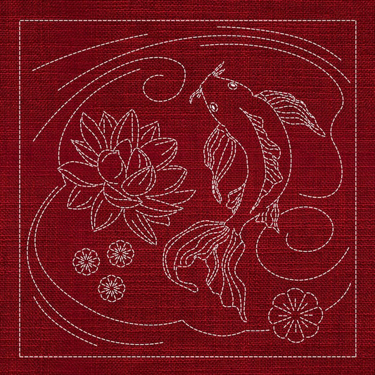 Sashiko Australia Butterfly Koi and Lotus Flower CHERRY RED - Everything Fabric