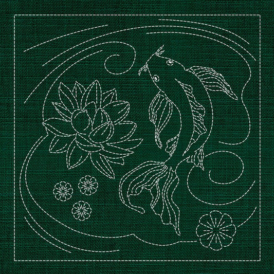 Sashiko Australia Butterfly Koi and Lotus Flower GREEN - Everything Fabric