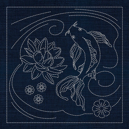 Sashiko Australia Butterfly Koi and Lotus Flower INDIGO - Everything Fabric