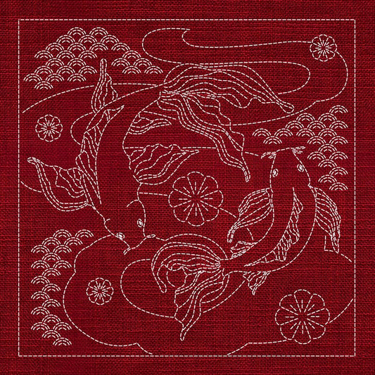 Sashiko Australia Butterfly Koi and Plum Blossom CHERRY RED - Everything Fabric