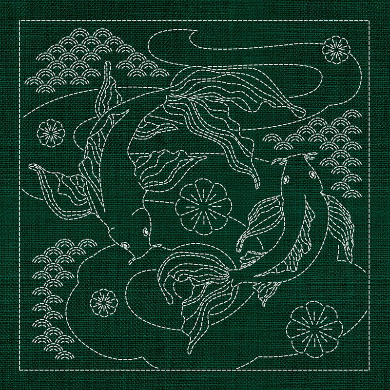 Sashiko Australia Butterfly Koi and Plum Blossom GREEN - Everything Fabric