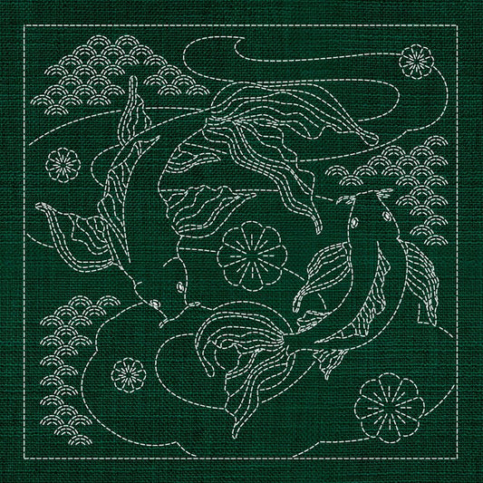 Sashiko Australia Butterfly Koi and Plum Blossom GREEN - Everything Fabric